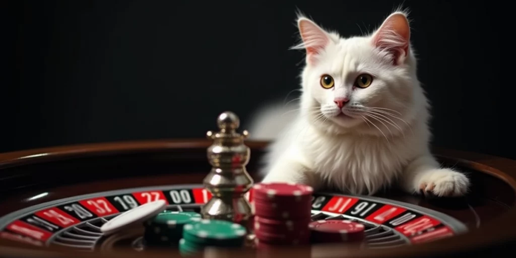 white cat with casino roulette on black background